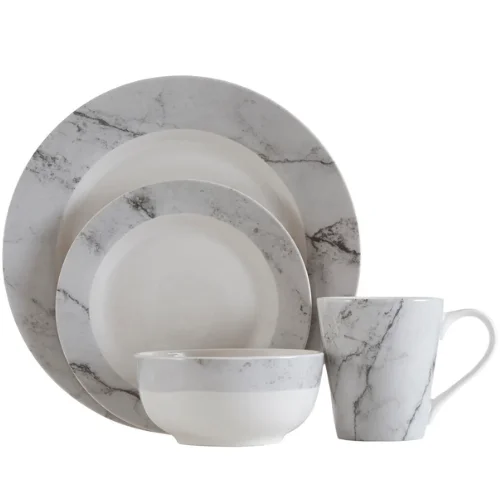 16 Piece White and Grey Marble Design Dinner Set | Avie