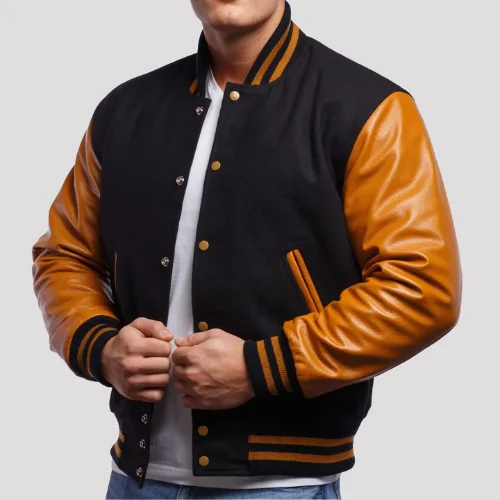 Black Wool & Old Gold Leather Varsity Jacket