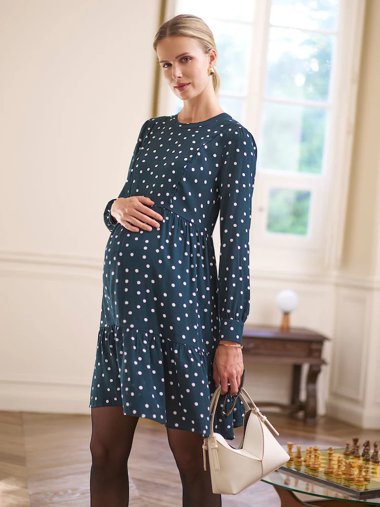 Seraphine Green Polka Dot Maternity & Nursing Tiered Mini Dress