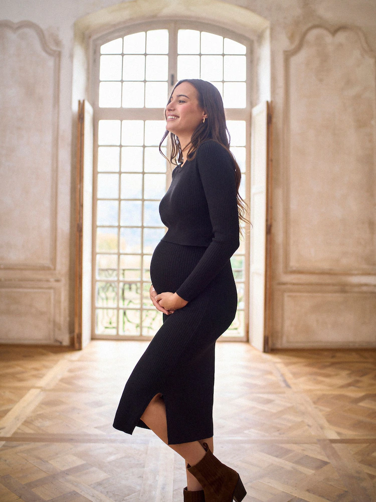 Seraphine Black Crew Neck Layered Knit Maternity Dress