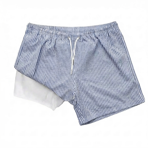 Navy 5" INSEAM SEERSUCKER SWIM TRUNKS WITH LINER