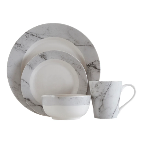 16 Piece White and Grey Marble Design Dinner Set | Avie